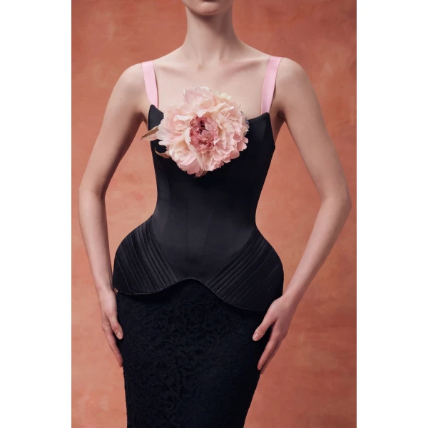 Rasario Off-the-Shoulder Satin Corset Top with Sculpted Hip Panniers in Black and Pink, view 3
