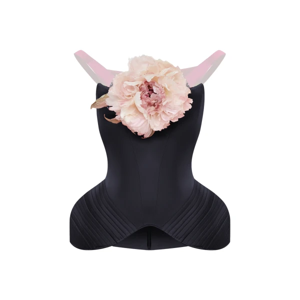 Off-the-Shoulder Satin Corset Top with Sculpted Hip Panniers in Black and Pink