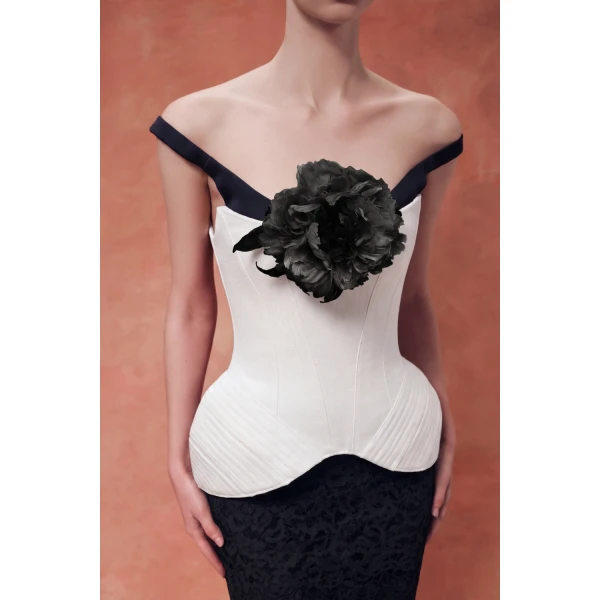 Rasario Off-the-Shoulder Satin Corset Top with Sculpted Hip Panniers in White and Black, view 3