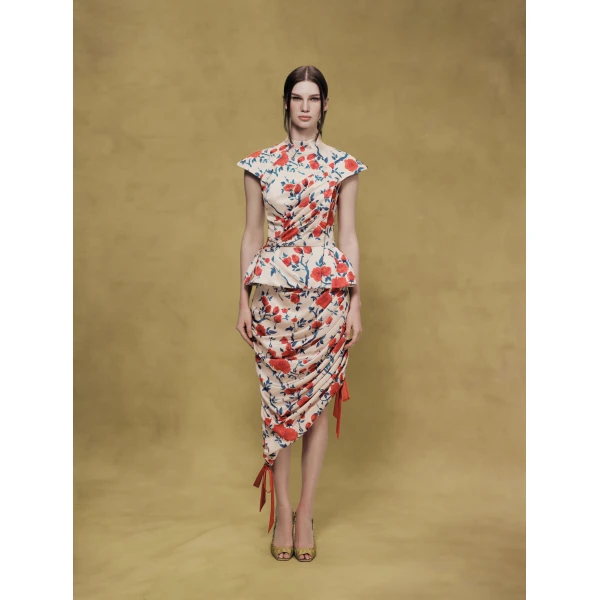 Rasario Printed Crepe Satin Draped Skirt in Beige, view 3
