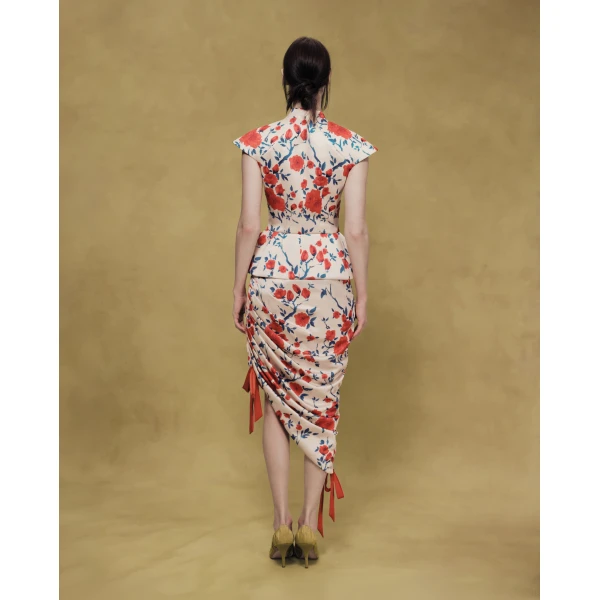 Rasario Printed Crepe Satin Draped Skirt in Beige, view 4