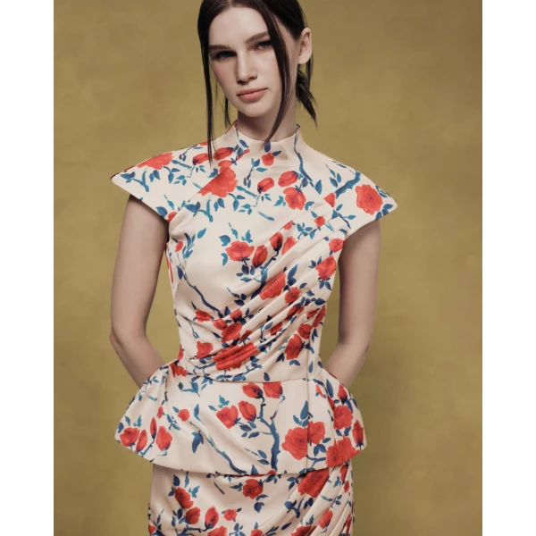 Rasario Printed Crepe Satin Draped Top in Beige, view 3