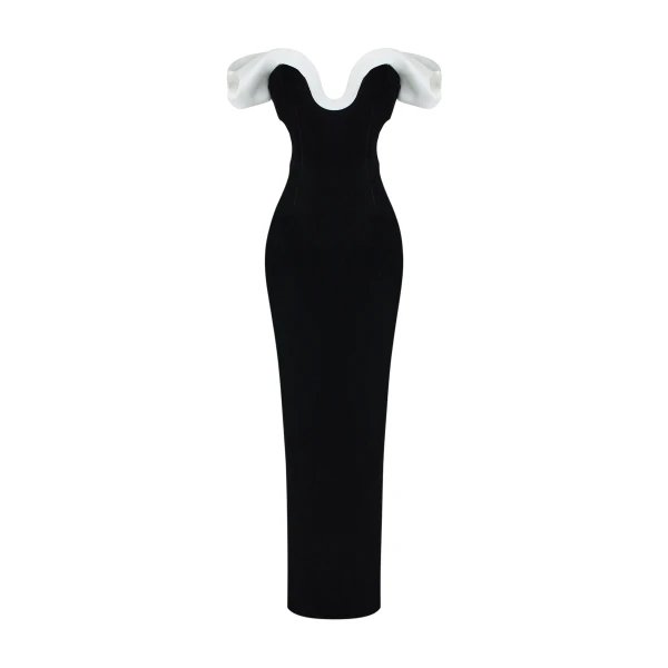 Velvet Maxi Dress with a Sculpted Neckline and Open Back in Black and White