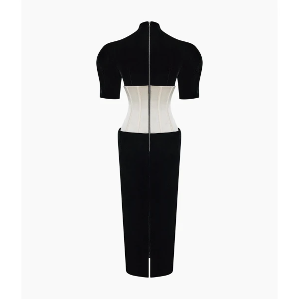 Rasario Velvet Midi Dress with Contrast Corset in Black and Beige, view 2