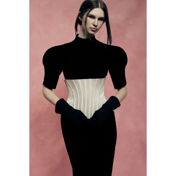 Rasario Velvet Midi Dress with Contrast Corset in Black and Beige, view 3