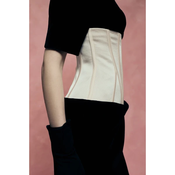 Rasario Velvet Midi Dress with Contrast Corset in Black and Beige, view 5