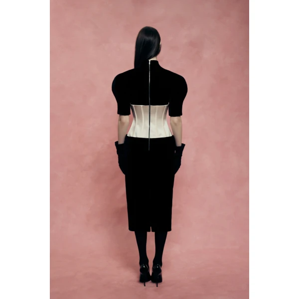Rasario Velvet Midi Dress with Contrast Corset in Black and Beige, view 6