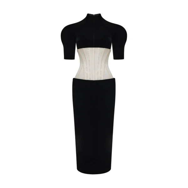 Velvet Midi Dress with Contrast Corset in Black and Beige
