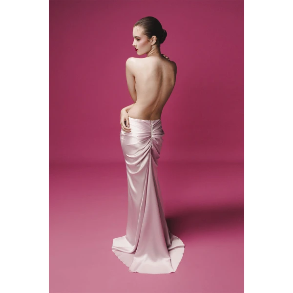 Rasario Draped Satin Maxi Skirt with a Train in Light Pink, view 4