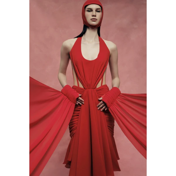 Rasario Corset Midi Halter Dress in Red, view 3