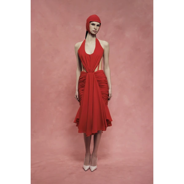 Rasario Corset Midi Halter Dress in Red, view 4