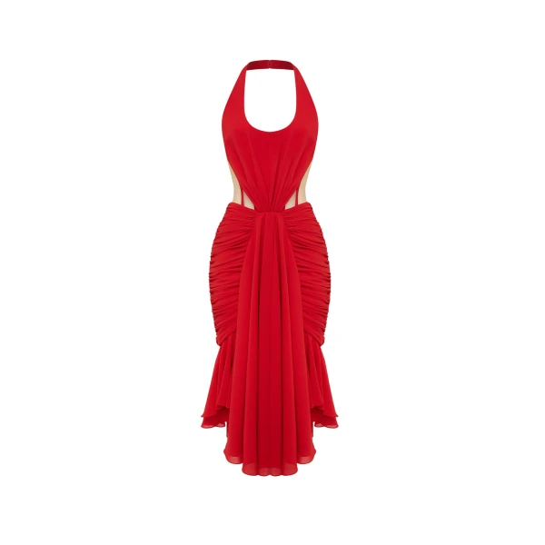 Rasario Corset Midi Halter Dress in Red