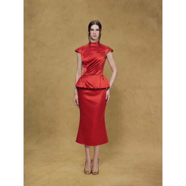 Rasario Crepe Satin Draped Top in Red, view 5