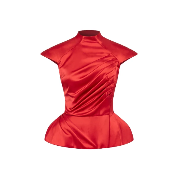 Crepe Satin Draped Top in Red