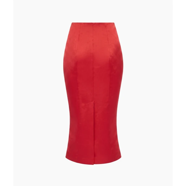 Rasario Crepe Satin Midi Skirt in Red, view 2