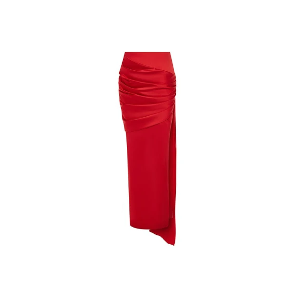 Rasario Draped Satin Maxi Skirt with a Side Train in Red, view 2