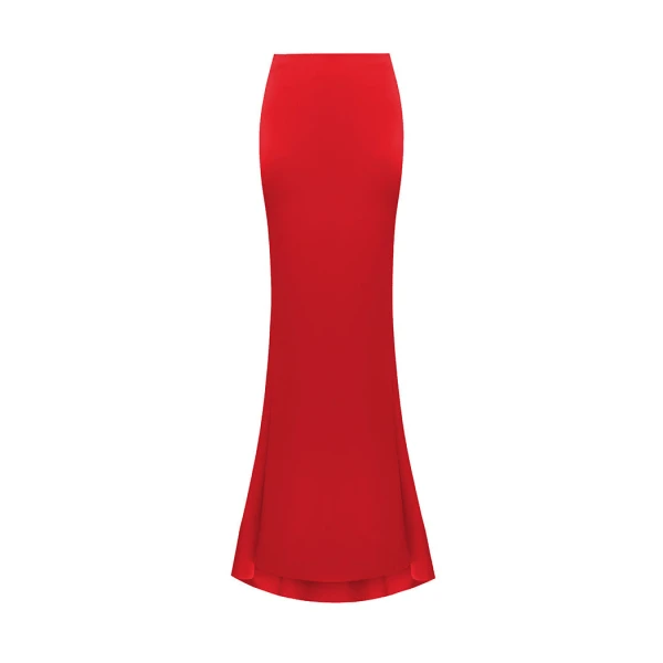 Rasario Draped Satin Maxi Skirt with a Train in Red
