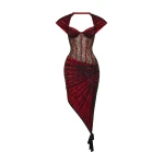 Rasario Lace Corset Midi Dress with Draped Skirt in Red