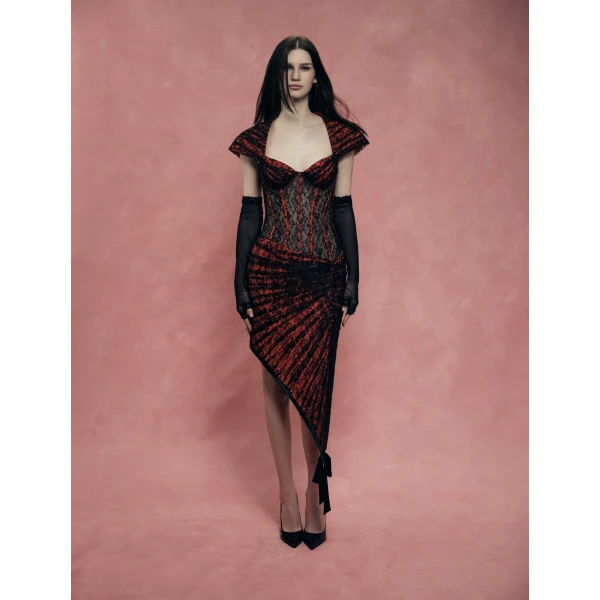 Rasario Lace Corset Midi Dress with Draped Skirt in Red, view 3