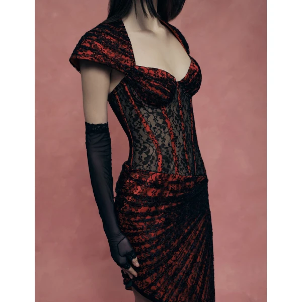 Rasario Lace Corset Midi Dress with Draped Skirt in Red, view 4