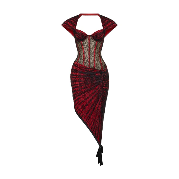 Lace Corset Midi Dress with Draped Skirt in Red