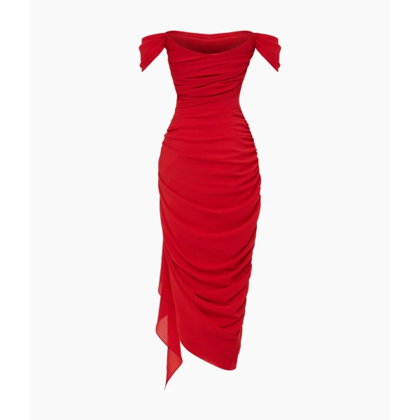 Rasario Off-Shoulder Corset Midi Dress in Red, view 2