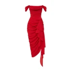 Rasario Off-Shoulder Corset Midi Dress in Red