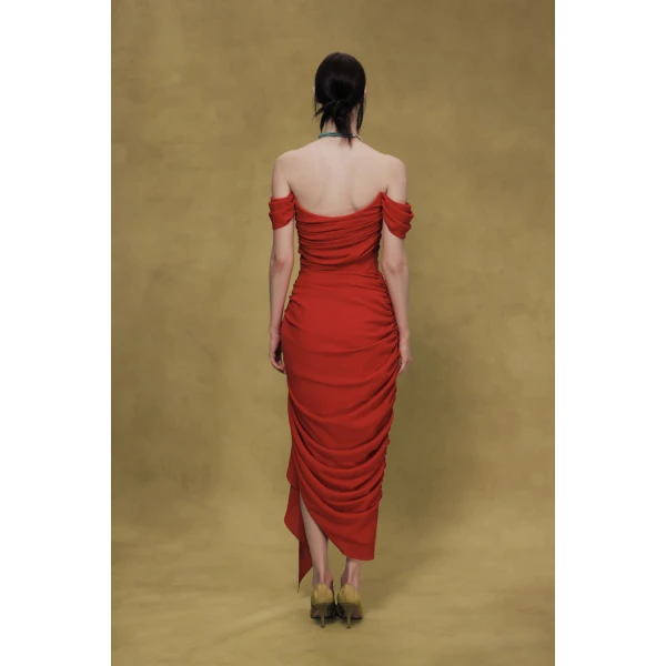 Rasario Off-Shoulder Corset Midi Dress in Red, view 4