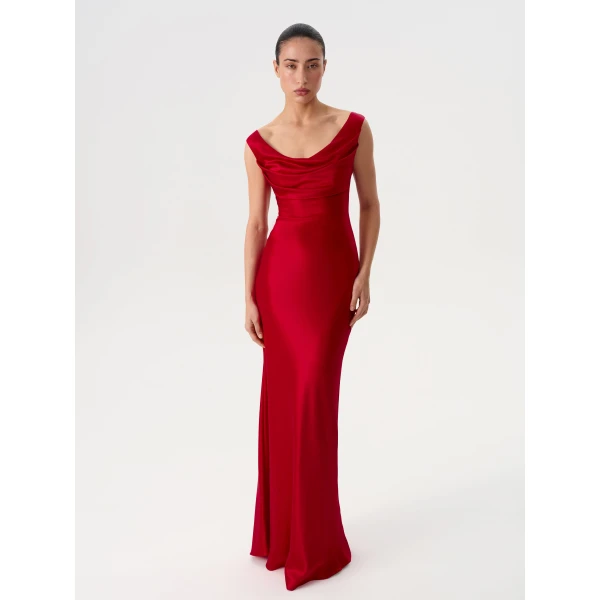 Rasario Printed Satin Draped Maxi Dress in Red, view 3