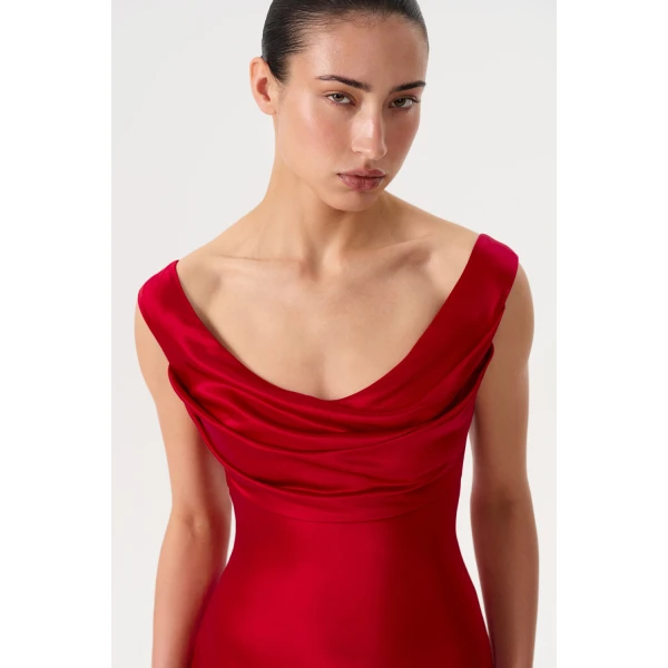 Rasario Printed Satin Draped Maxi Dress in Red, view 4