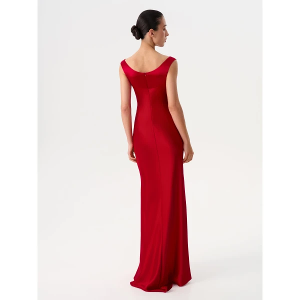 Rasario Printed Satin Draped Maxi Dress in Red, view 5