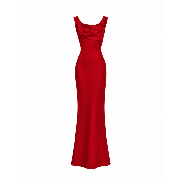 Rasario Printed Satin Draped Maxi Dress in Red