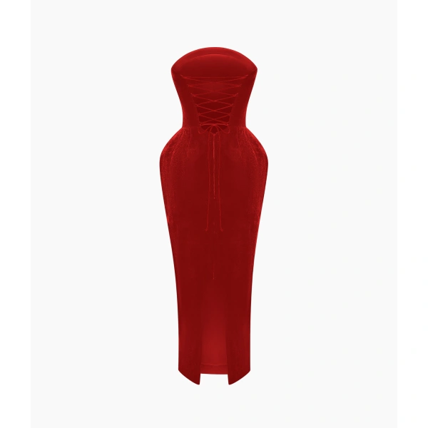 Rasario Velvet Corset Midi Dress with Lacing in Red, view 2