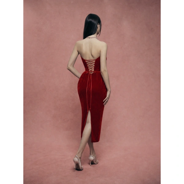 Rasario Velvet Corset Midi Dress with Lacing in Red, view 4