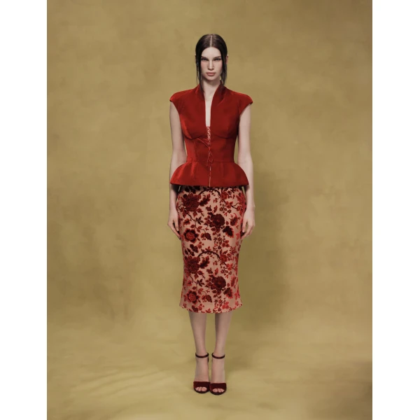 Rasario Velvet Top with Lacing in Red, view 3