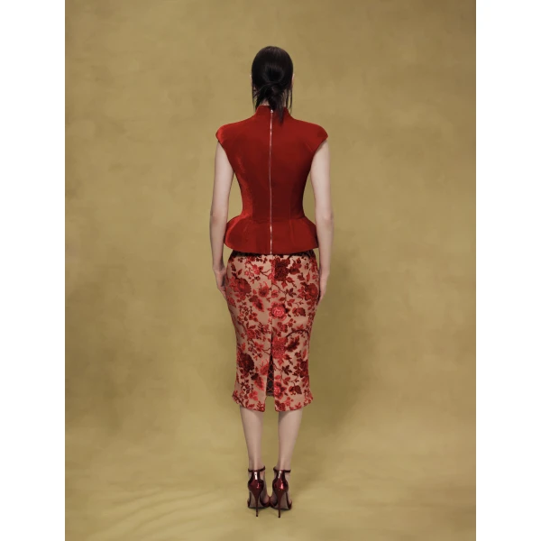 Rasario Velvet Top with Lacing in Red, view 4