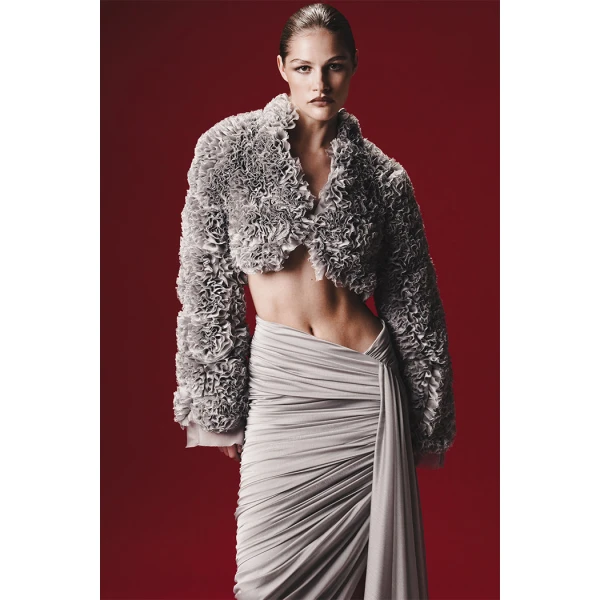 Rasario Cropped Chiffon Jacket with Ruffles in White, view 3