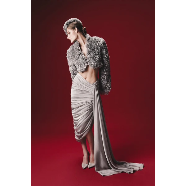Rasario Cropped Chiffon Jacket with Ruffles in White, view 4