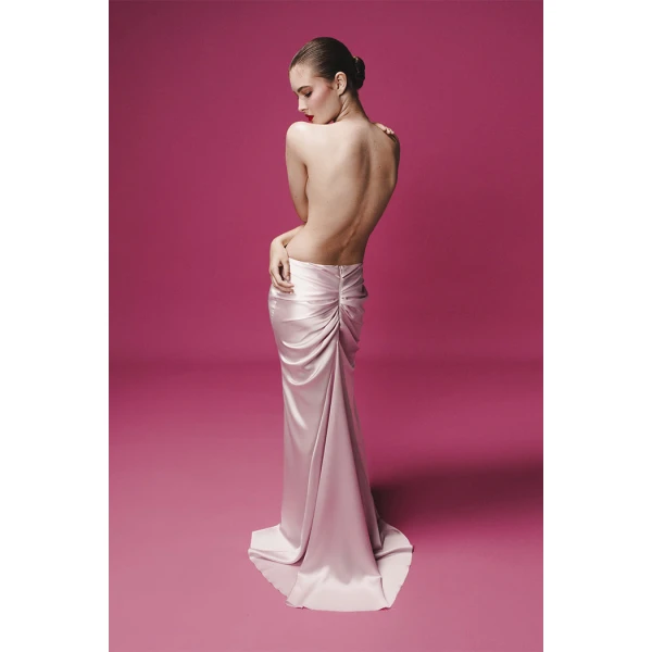 Rasario Draped Satin Maxi Skirt with a Train in White, view 3