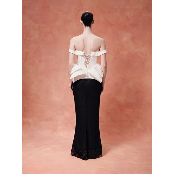 Rasario Laced Satin Corset with Panniers and Bows in White, view 4