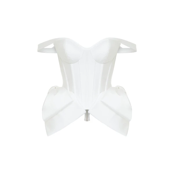 Rasario Laced Satin Corset with Panniers and Bows in White