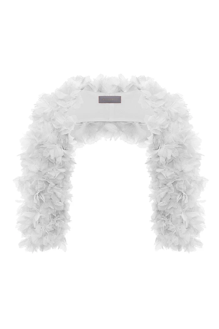 Voluminous Bolero with a Floral Trim in White