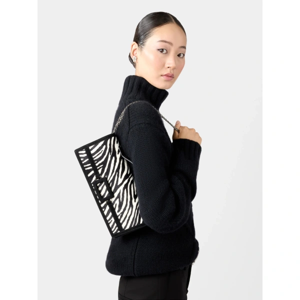 Roger Vivier Belle Vivier Clutch in Black and White Pony Effect Leather, view 3 | Clutch Bags