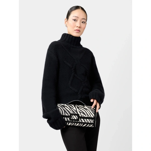 Roger Vivier Belle Vivier Clutch in Black and White Pony Effect Leather, view 4 | Clutch Bags