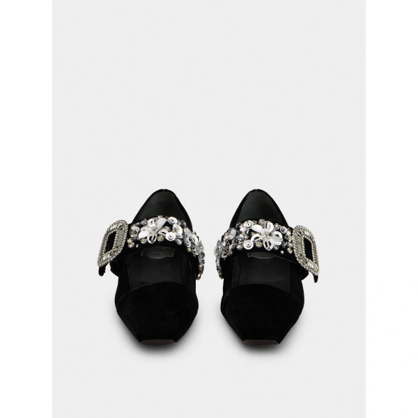 Roger Vivier Belle Vivier Mary Janes in Black Velvet, view 2 | Ballet Flats