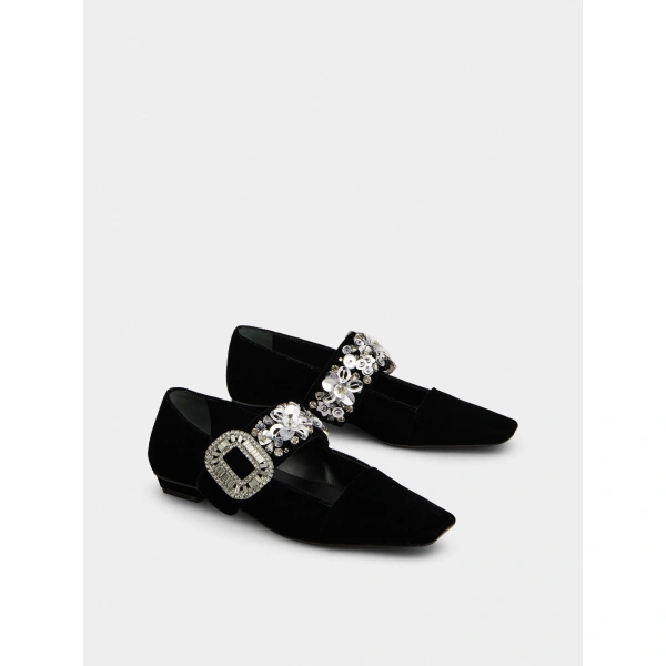 Roger Vivier Belle Vivier Mary Janes in Black Velvet, view 3 | Ballet Flats