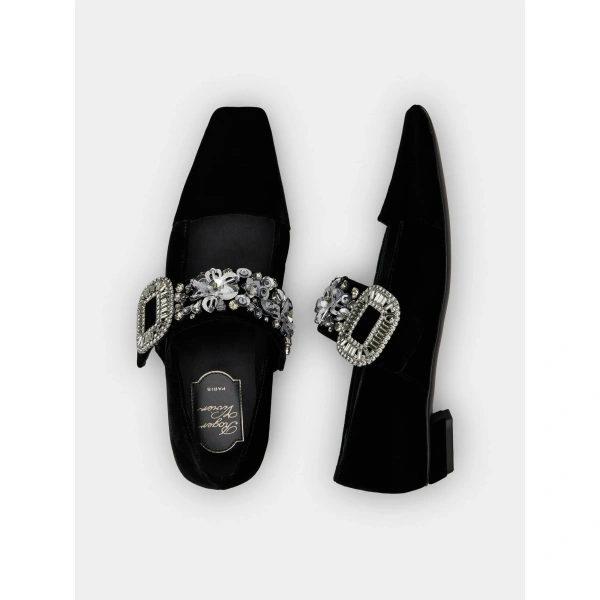 Roger Vivier Belle Vivier Mary Janes in Black Velvet, view 5 | Ballet Flats