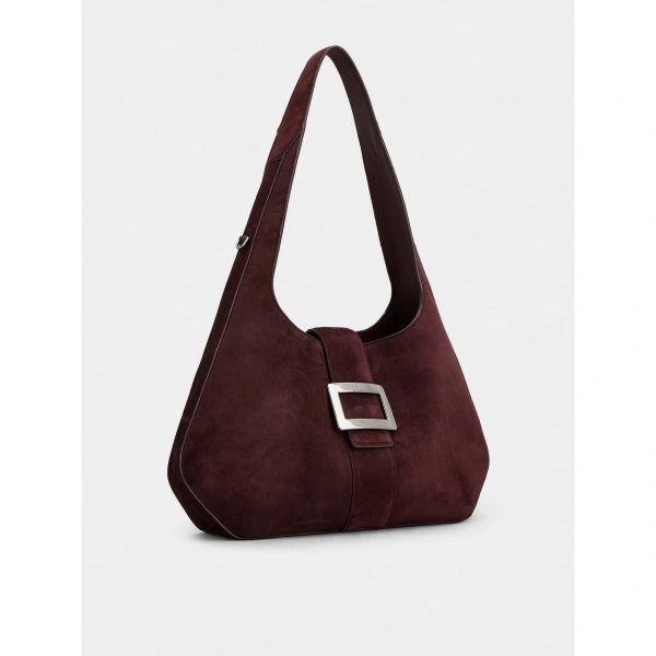 Roger Vivier Belle Vivier Medium Hobo Bag in Burgundy Suede, view 3 | Hobo Bags