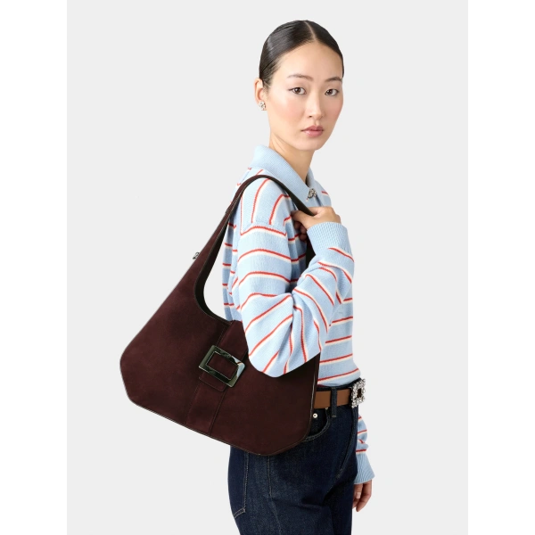 Roger Vivier Belle Vivier Medium Hobo Bag in Burgundy Suede, view 4 | Hobo Bags