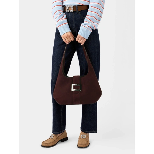 Roger Vivier Belle Vivier Medium Hobo Bag in Burgundy Suede, view 5 | Hobo Bags